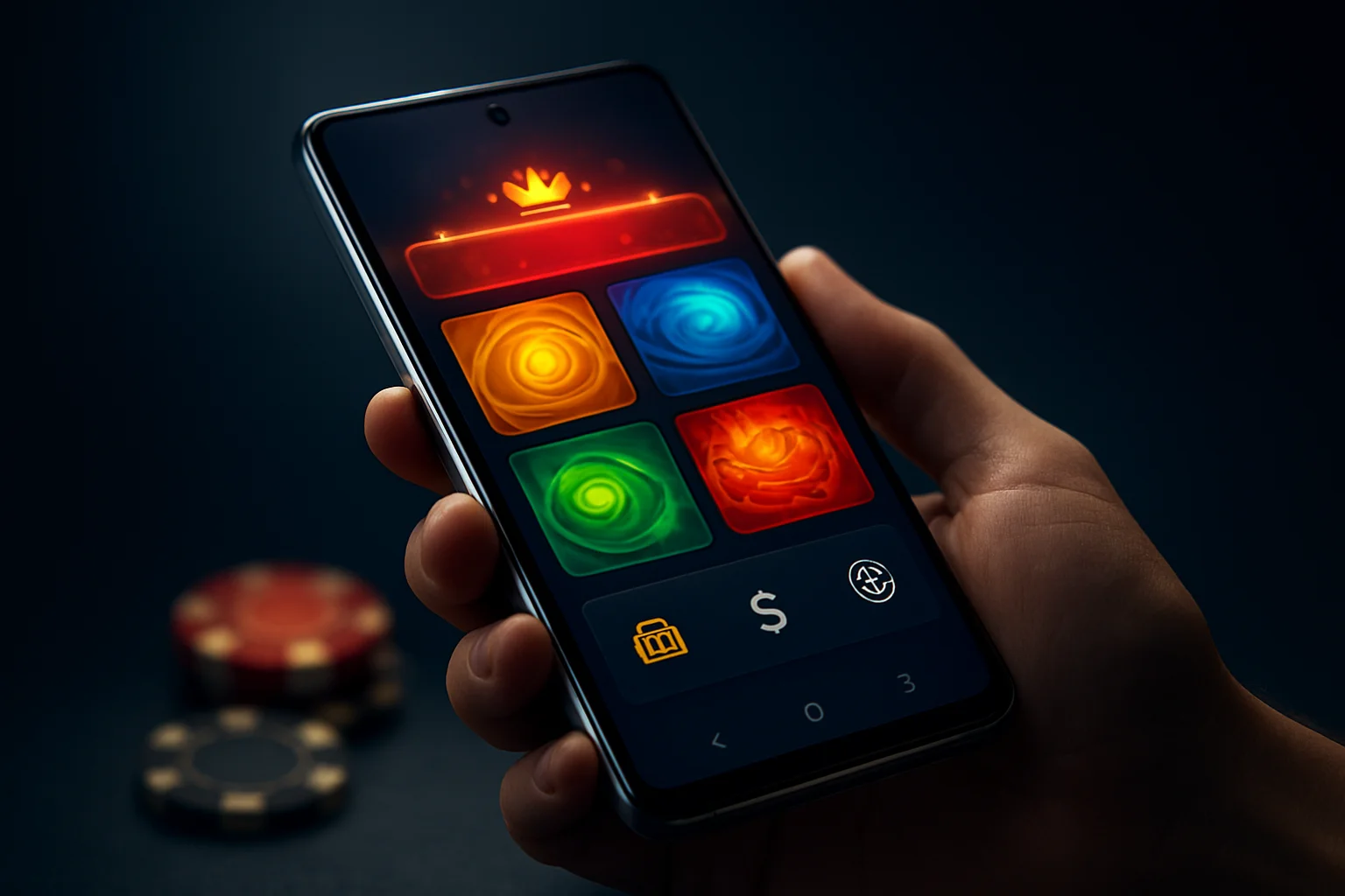 Flagship Android smartphone showing vivid casino app interface in dramatic lighting
