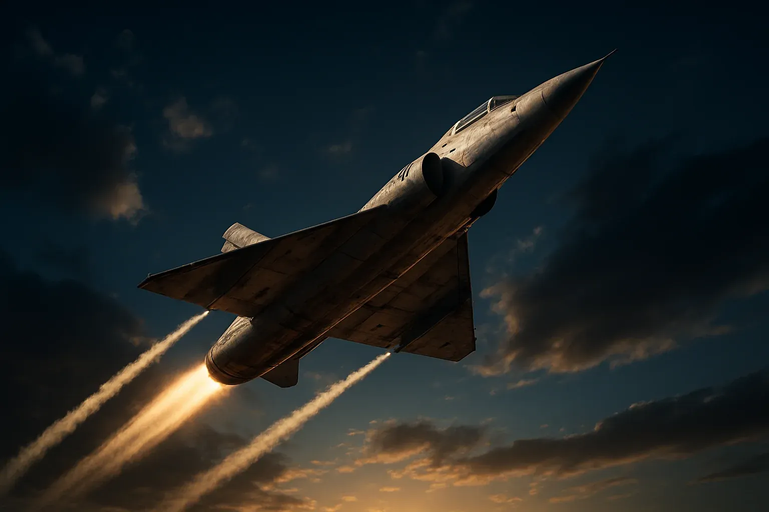 Hyperrealistic white jet aircraft climbing steeply in dramatic blue sky