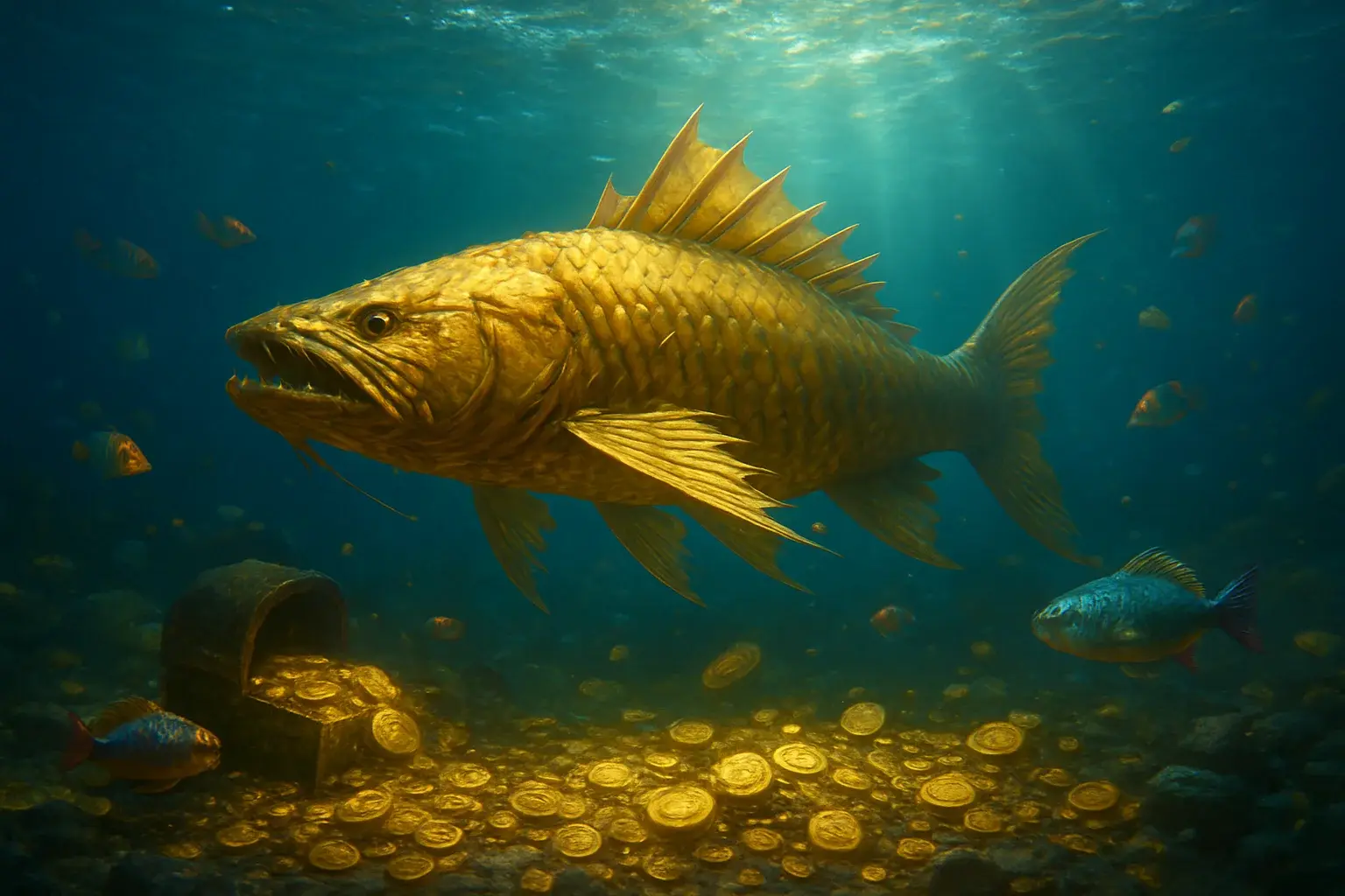 Massive golden dragon fish underwater with glowing coins and treasure