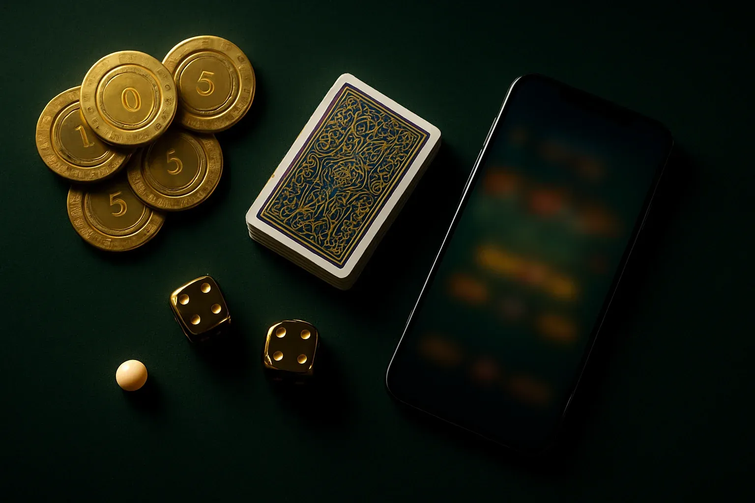 Top-down casino table with gold chips, cards, dice, roulette ball, smartphone