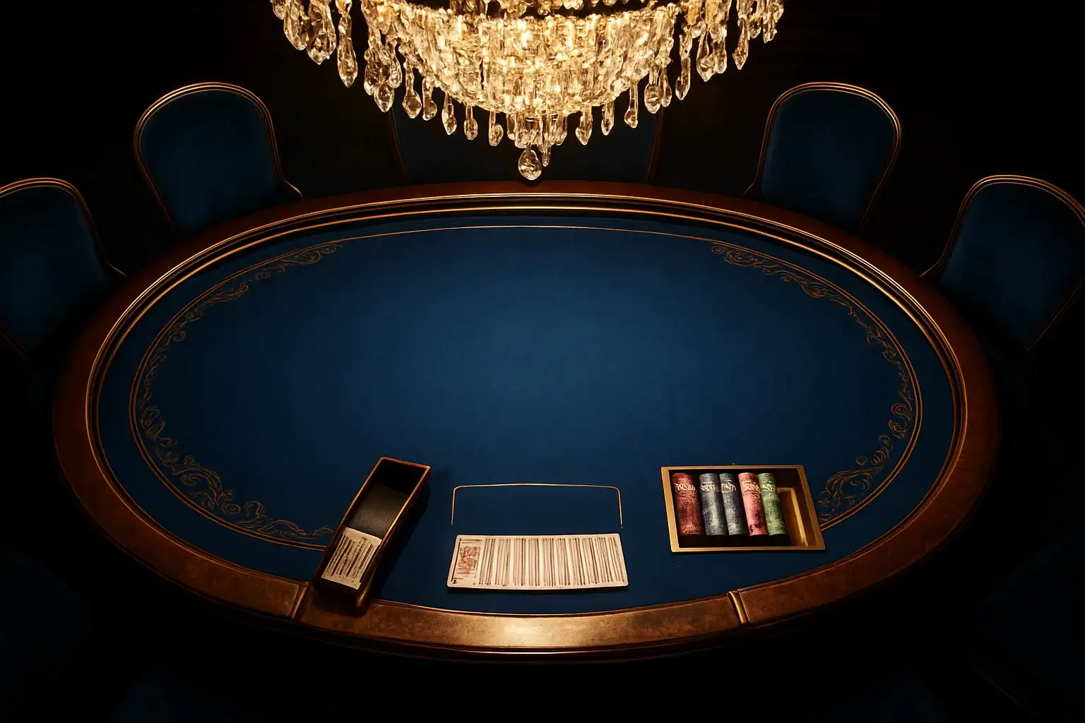 Hyperrealistic premium live baccarat studio in the Philippines with blue felt table