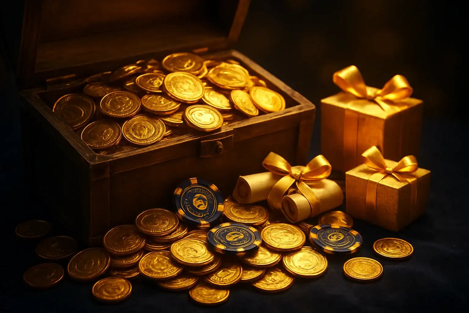 Overflowing treasure chest with gold coins, casino chips, vouchers, and gifts