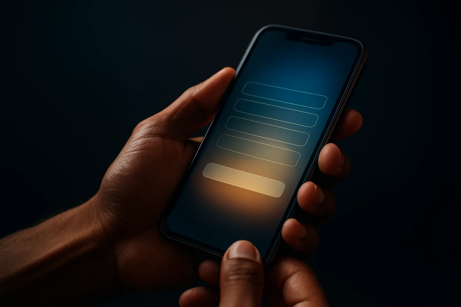Filipino man's hands holding smartphone with glowing registration screen interface