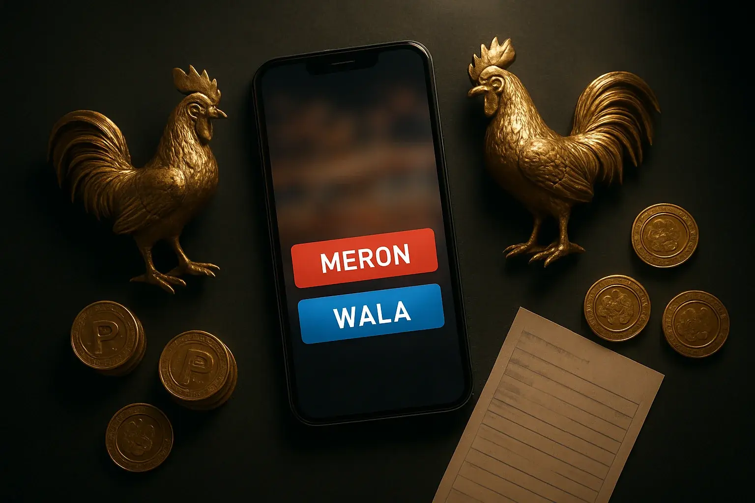 Smartphone with sabong betting interface, golden roosters, coins, and chips