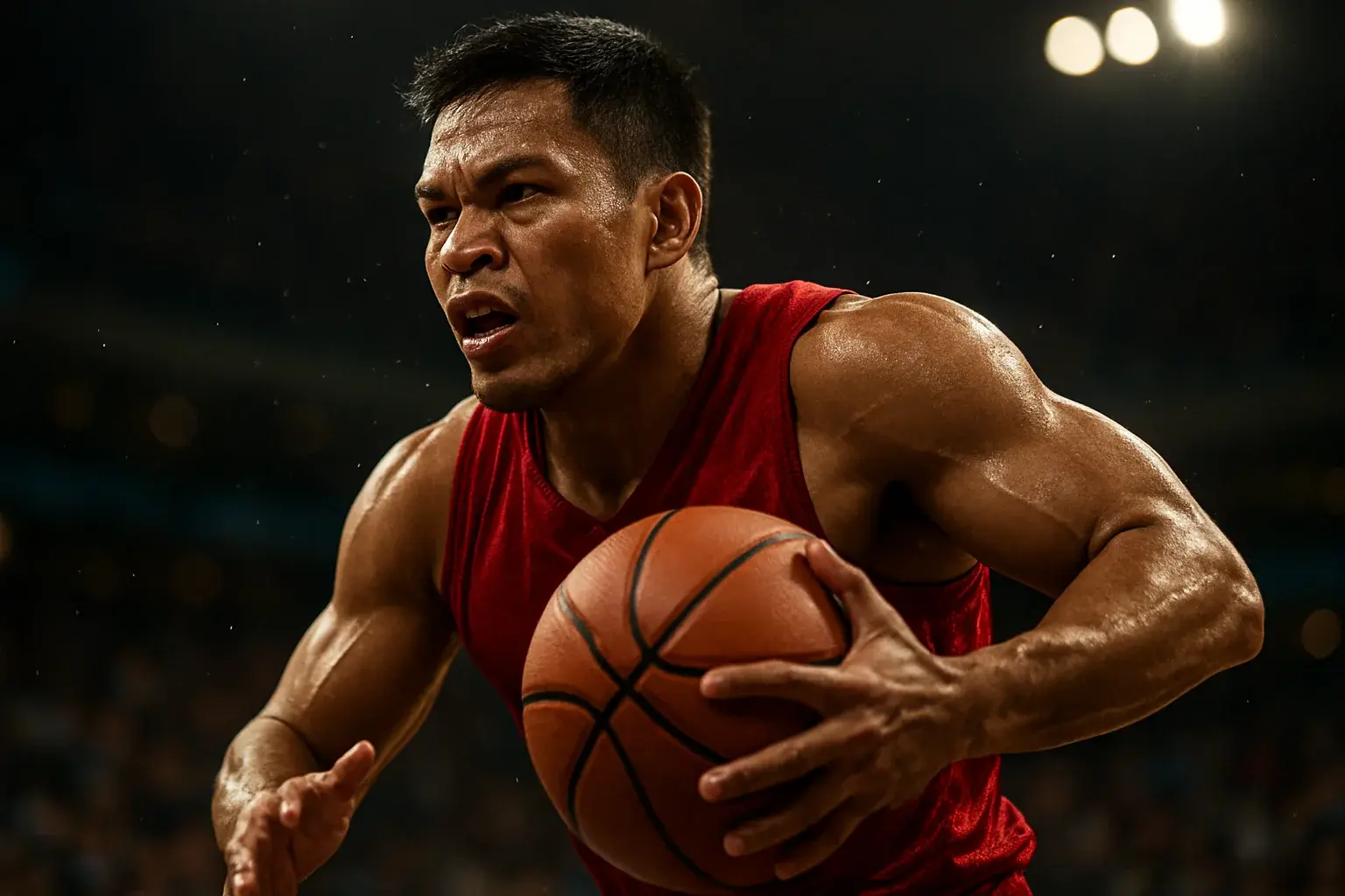 Filipino PBA basketball player mid-air driving powerfully toward the basket